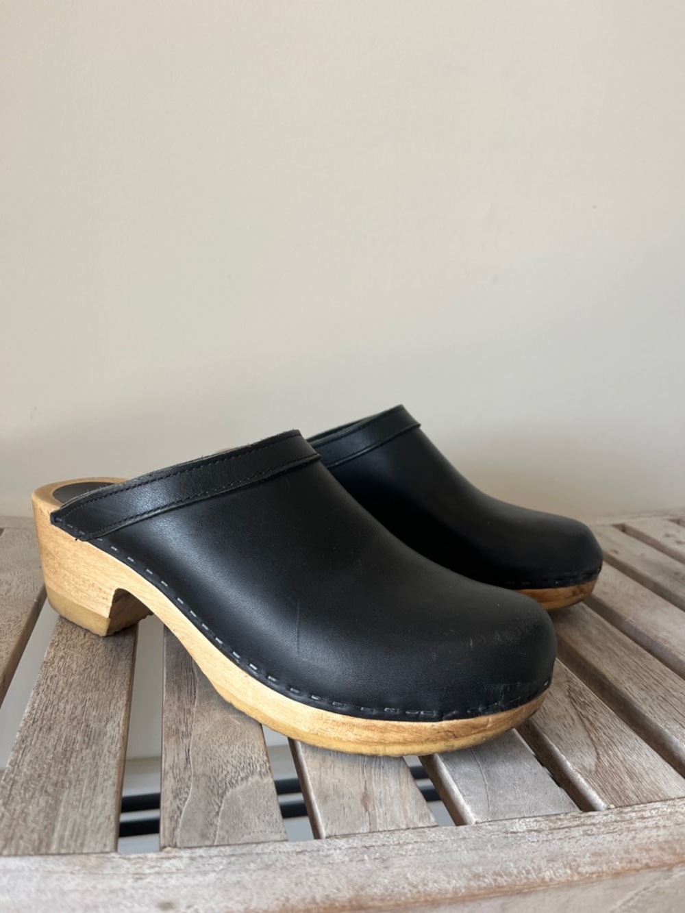 Sven Black Leather Wooden Clog Mules